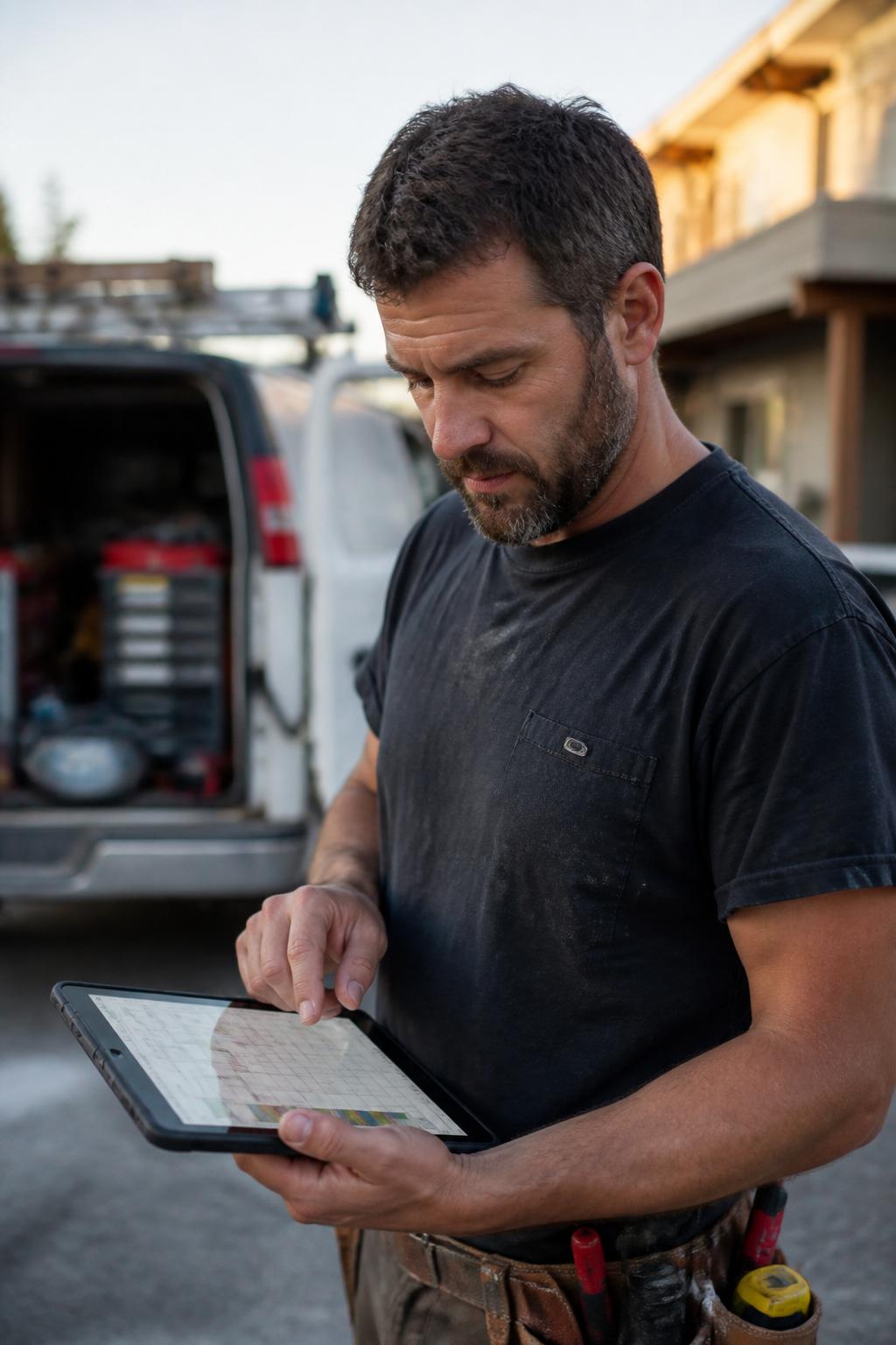Contractor checking jobs on a tablet beside his work van